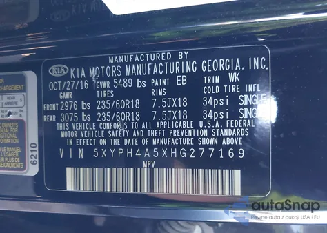 2017 Kia Sorento 3.3L Ex из США, поврежденный, VIN 5XYPH4A5XHG277169